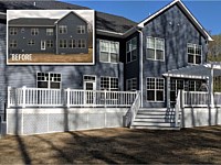 <b>Trex Transcend Island Mist Decking with White Washington Vinyl Railing - White Vinyl Pergol - White Vinyl Fascia-White Vinyl Privacy Lattice around perimeter of deck in Crownsv</b>